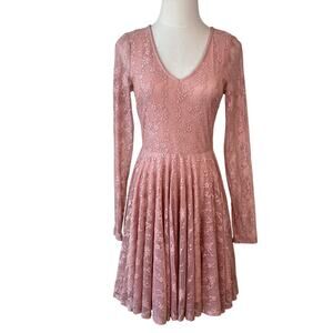 Altar'd State Long Sleeve Lace Mini Dress size Small Pink V Neck Coquette Ballet